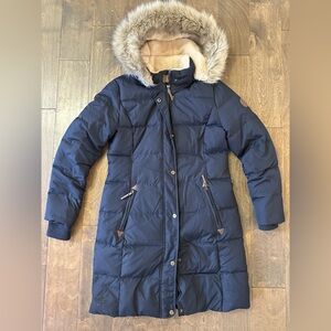 Ralph Lauren Navy Down-Blend Puffer Coat Long Length Sherpa Faux Fur Hood S